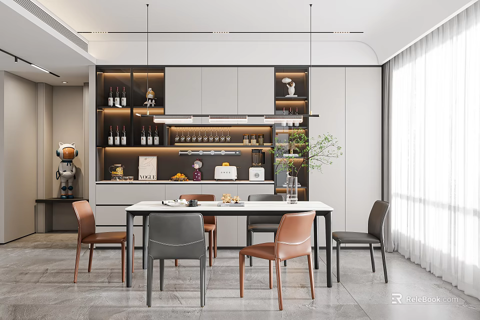 Modern Restaurant Dining Space With Rectangular Table Colorful Chairs Wine Rack And Pendant Lights 3d model