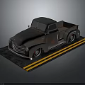 Vintage Rusty Truck With Red Rims On Yellow Striped Display Platform
