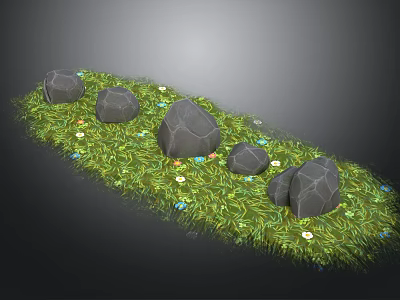 Scattered Natural Stone Pieces On Lush Green Grass With Small Colorful Flowers 3d model