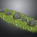 Scattered Natural Stone Pieces On Lush Green Grass With Small Colorful Flowers