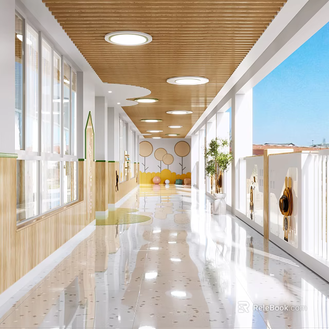 Bright Modern Elevator Hallway With Wooden Ceiling Round Lights Large Glass Windows And White Railings 3d model 