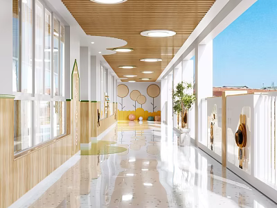 Bright Modern Elevator Hallway With Wooden Ceiling Round Lights Large Glass Windows And White Railings 3d model