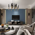 Modern Dining and Living Room Interior With Dining Table Chairs Pendant Light And Decorative Paintings