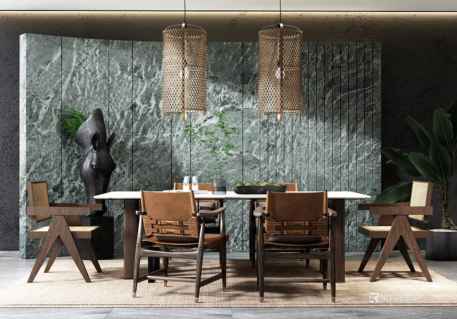 Wooden Dining Table Set With Chairs Woven Pendant Lights Green Marble Wall And Green Plants 3d model 