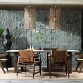 Wooden Dining Table Set With Chairs Woven Pendant Lights Green Marble Wall And Green Plants