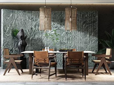 Wooden Dining Table Set With Chairs Woven Pendant Lights Green Marble Wall And Green Plants 3d model