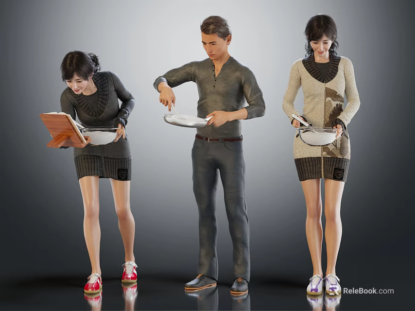 Group of People Cooking With Pans And Cookbook In Kitchen Setting 3d model 