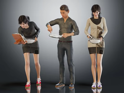 Group of People Cooking With Pans And Cookbook In Kitchen Setting 3d model