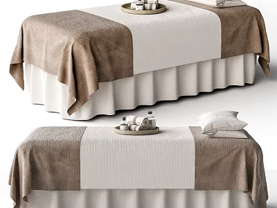 Comfortable Massage Bed with Brown and White Textured Bedspread Tray and Pillows 3d model