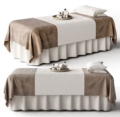Comfortable Massage Bed with Brown and White Textured Bedspread Tray and Pillows 3d model