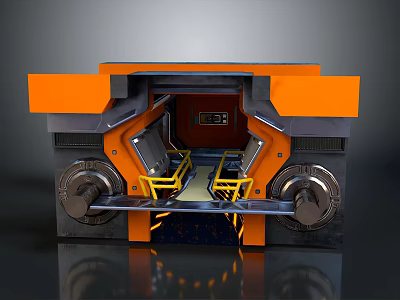 Modern Industrial Mechanical Device With Orange Gray Yellow Stairs Control Panel And Large Circular Components 3d model