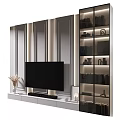 Elegant TV Stand With Flat Screen TV Decorative Vase Striped Wall And Glass Door Bookshelf