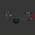 Gray Background With Blue Cauldron Green Liquid Balance Scale Gems And Colorful Icons With Reflections