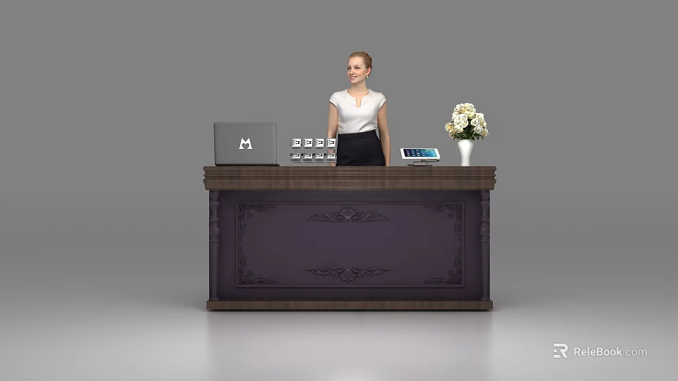Elegant Reception Desk With Carved Design Laptop Calendar Vase And Female Staff 3d model 