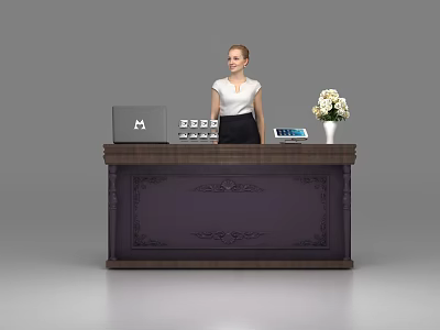 Elegant Reception Desk With Carved Design Laptop Calendar Vase And Female Staff 3d model
