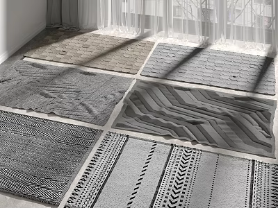 Square Rugs With Various Gray Patterns In Bright Sunlit Room 3d model
