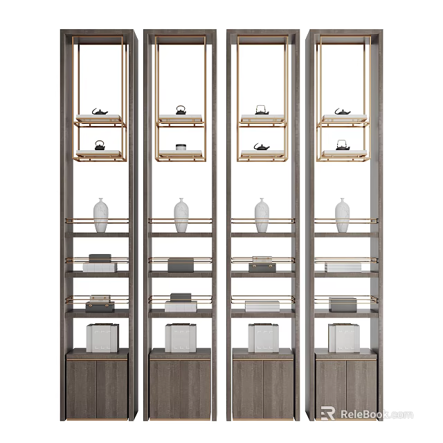 Elegant Multi tiered Decorative Cabinet With Metal Frame And Displayed Vases And Boxes 3d model 