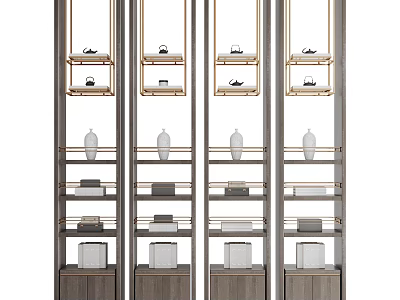 Elegant Multi tiered Decorative Cabinet With Metal Frame And Displayed Vases And Boxes 3d model