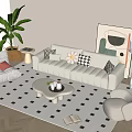 Modern Sofa and Coffee Table Set with Potted Plant Area Rug Armchair and Artwork