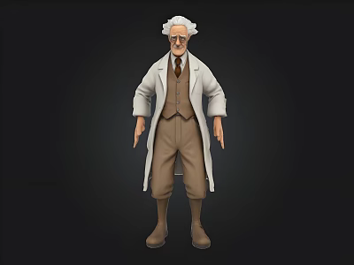 Cartoon Elderly Scientist Character In White Lab Coat With Glasses And Brown Outfit 3d model
