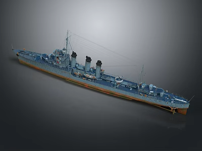 Detailed Blue Warship Model With Multiple Funnels And Long Hull Design 3d model