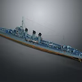 Detailed Blue Warship Model With Multiple Funnels And Long Hull Design