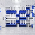 Modern Decorative Wine Rack With White And Blue Geometric Design In Stylish Open Interior