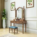 Wooden Vanity Table With Mirror Drawers Blue Stool And Decorative Paintings On White Trimmed Wall