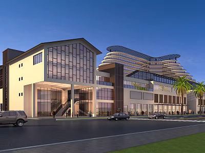 Modern Commercial Street With Glass Facades Multi storey Buildings Cars And Palm Trees 3d model