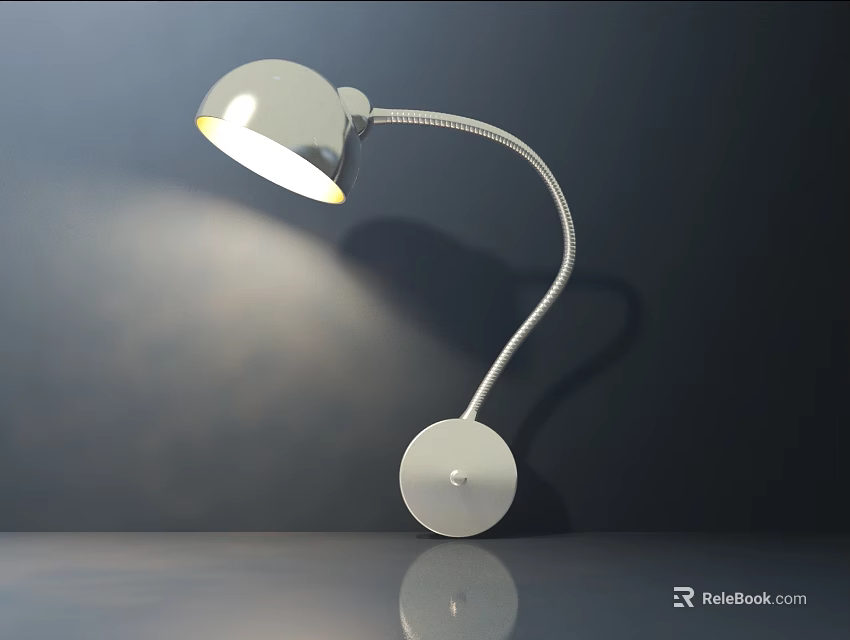 White Wall Mounted Lamp with Curved Metal Arm and Round Head Illuminated on Dark Background 3d model 
