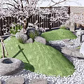 Serene Karesansui Dry Landscape Garden With Mossy Stones Cherry Blossom Trees And Raked Gravel Pathway