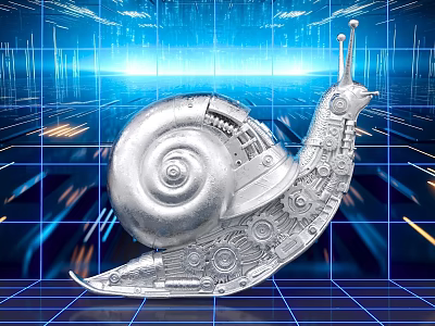 Silver Mechanical Snail Photo Check In Spot With Blue Tech Grid And Light Effects 3d model