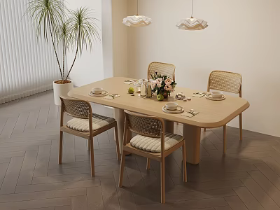 Modern Minimalist Dining Space With Wooden Table Rattan Chairs Pendant Lights And Green Plant 3d model