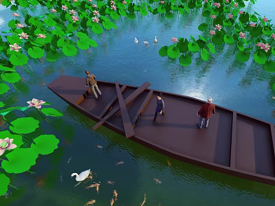 Scenic Water Area With Lily Pads Lotus Flowers Swans Fish And Wooden Boats With People 3d model