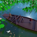 Scenic Water Area With Lily Pads Lotus Flowers Swans Fish And Wooden Boats With People