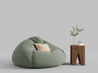 Light Green Bean Bag Chair with Wooden Side Table Green Plant and Books 3d model