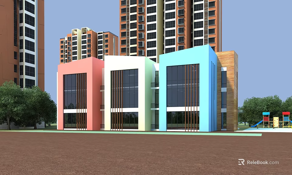 Colorful Modern School Building With Large Glass Windows Green Trees And Open Playground Area 3d model 