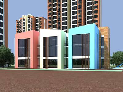 Colorful Modern School Building With Large Glass Windows Green Trees And Open Playground Area 3d model