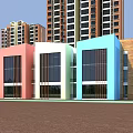 Colorful Modern School Building With Large Glass Windows Green Trees And Open Playground Area