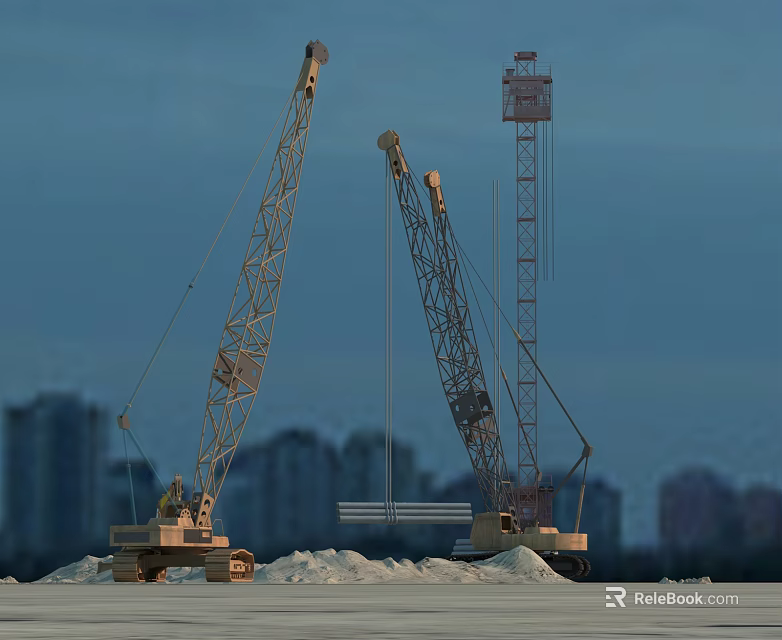 Two Large Construction Cranes Operating In City Skyline With Snowy Ground 3d model 