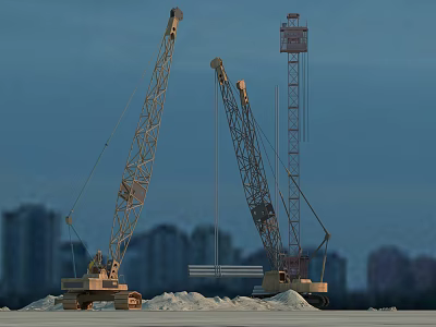 Two Large Construction Cranes Operating In City Skyline With Snowy Ground 3d model