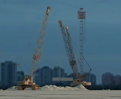 Two Large Construction Cranes Operating In City Skyline With Snowy Ground 3d model