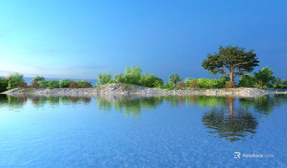 Peaceful Lakeside Natural Scenery With Clear Reflective Water Lush Green Trees Under Bright Blue Sky 3d model 