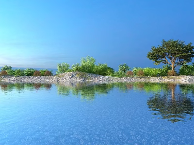 Peaceful Lakeside Natural Scenery With Clear Reflective Water Lush Green Trees Under Bright Blue Sky 3d model
