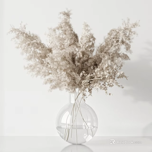 Minimalist Decorative Ornament Set with Clear Glass Vase and Dried Flowers 3d model 