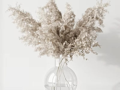 Minimalist Decorative Ornament Set with Clear Glass Vase and Dried Flowers 3d model