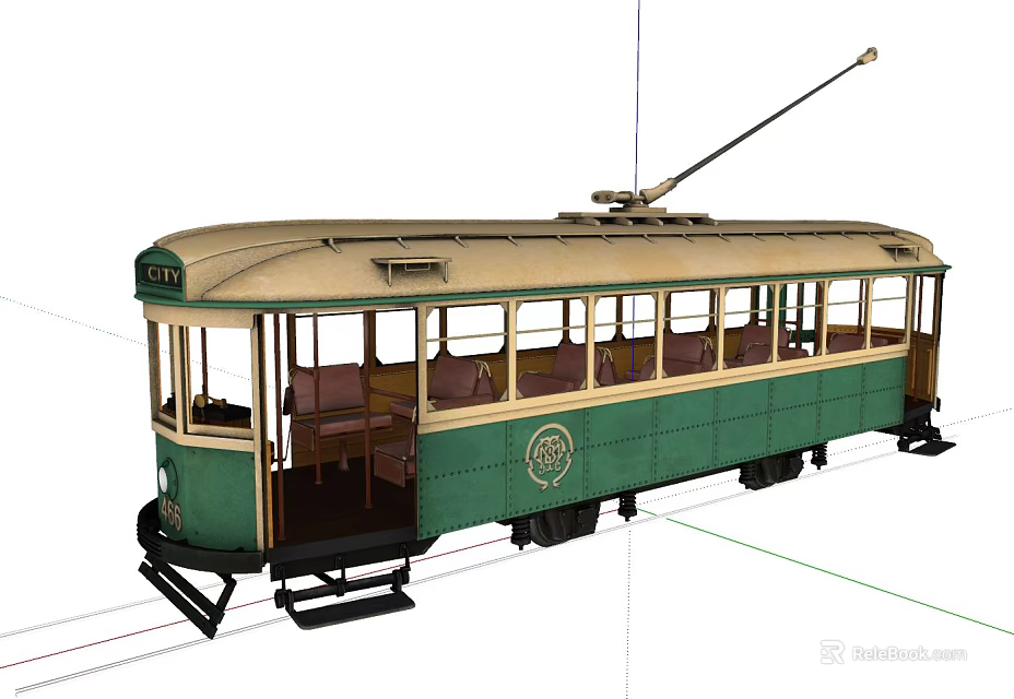 Vintage Green and Beige Tram with Retro Design and Overhead Cable 3d model 