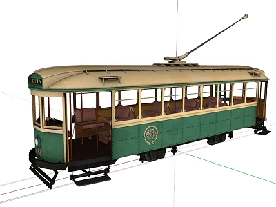 Vintage Green and Beige Tram with Retro Design and Overhead Cable 3d model
