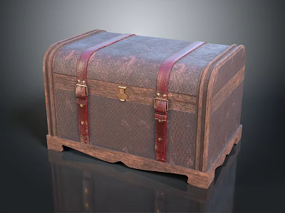 Vintage Leather Trunk With Red Straps Metal Lock And Wooden Base 3d model