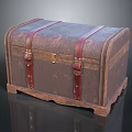 Vintage Leather Trunk With Red Straps Metal Lock And Wooden Base